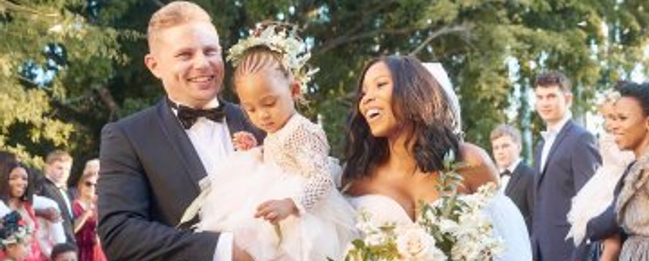 Jakob Schlichtig and singer and actress Denise Zimba father of her child during their wedding