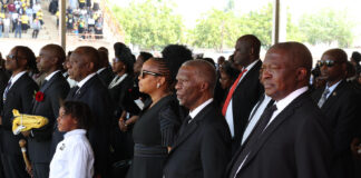 Tito Mboweni family(left), President Cyril Ramaphosa, Premier of Limpopo is Phophi Ramathuba, former President Thabo Mbeki and former Deputy President David Mabuza at the funeral of former Minister of Finance, Dr Tito Mboweni. / GCIS