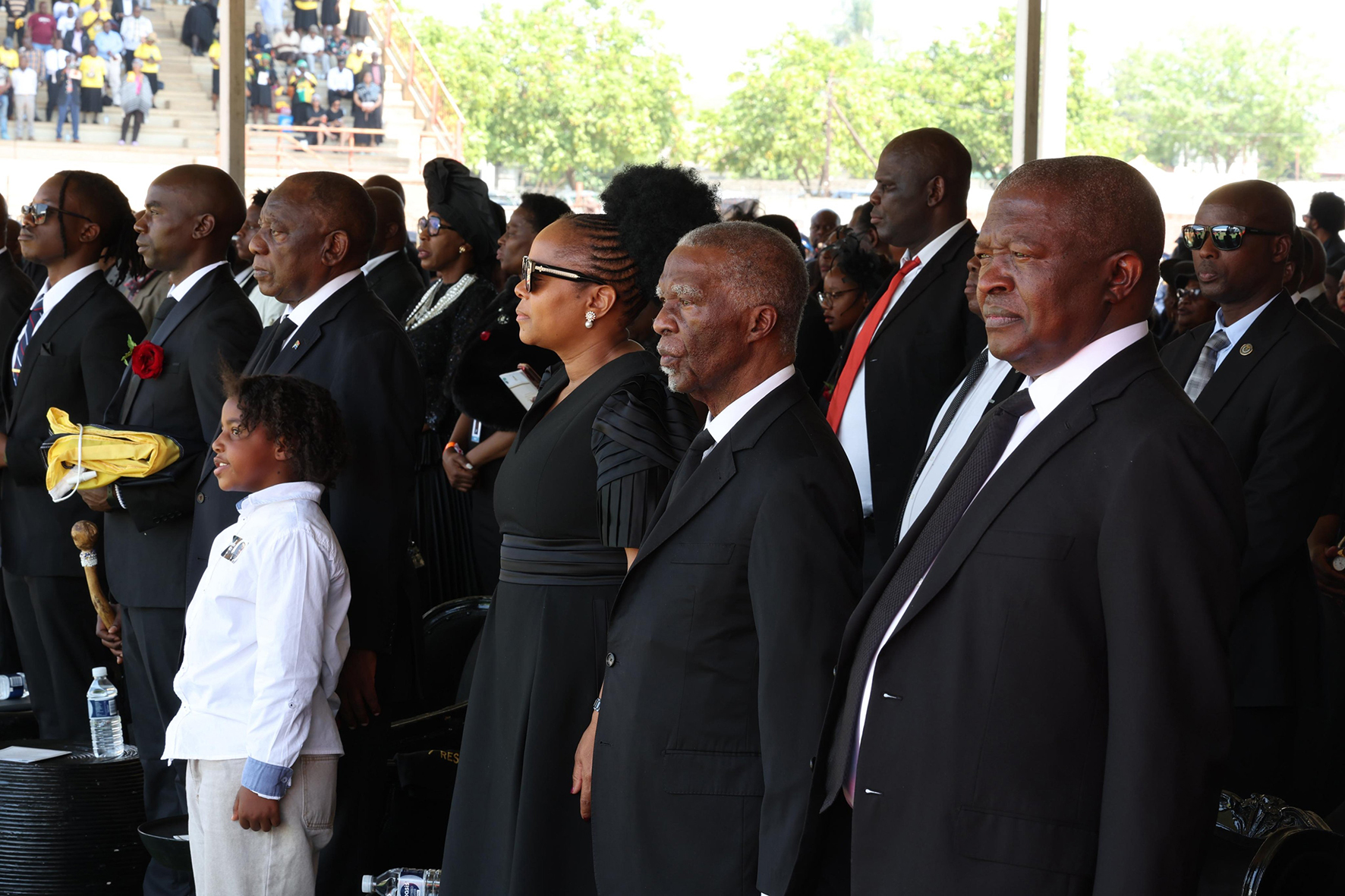 Tito Mboweni family(left), President Cyril Ramaphosa, Premier of Limpopo is Phophi Ramathuba, former President Thabo Mbeki and former Deputy President David Mabuza at the funeral of former Minister of Finance, Dr Tito Mboweni. / GCIS