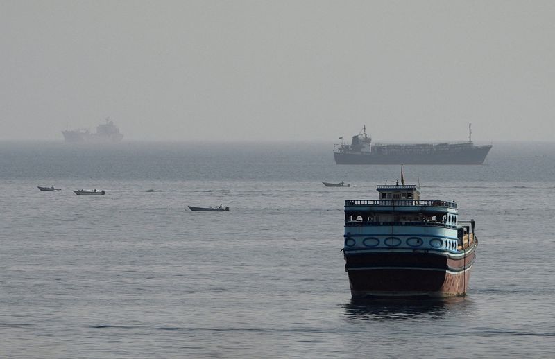 Vessels navigating the Strait of Hormuz, viewed from Musandam, Oman.