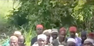 Abducted women, children, and older people sitting on grass in a social media video from Niger State, Nigeria.
