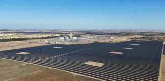 Drone view of solar panels at Gold Fields' South Deep mine, southwest of Johannesburg.