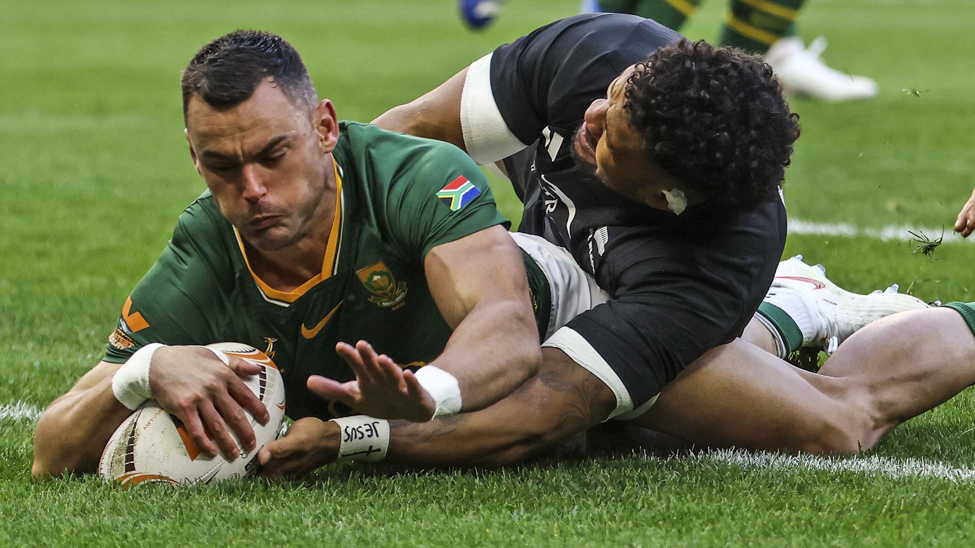 Rugby players on the ground
