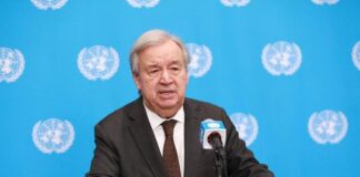 UN Secretary-General Antonio Guterres speaks at a press encounter.