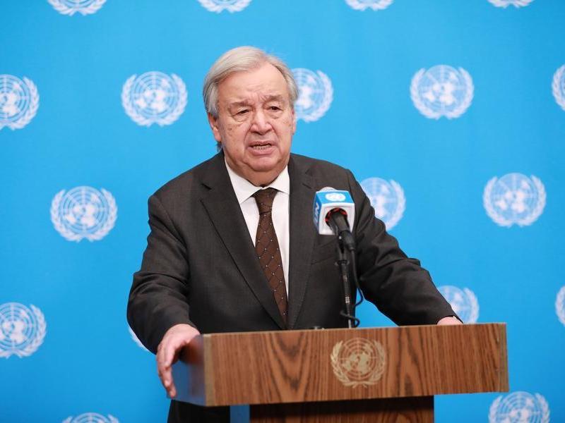 UN Secretary-General Antonio Guterres speaks at a press encounter.