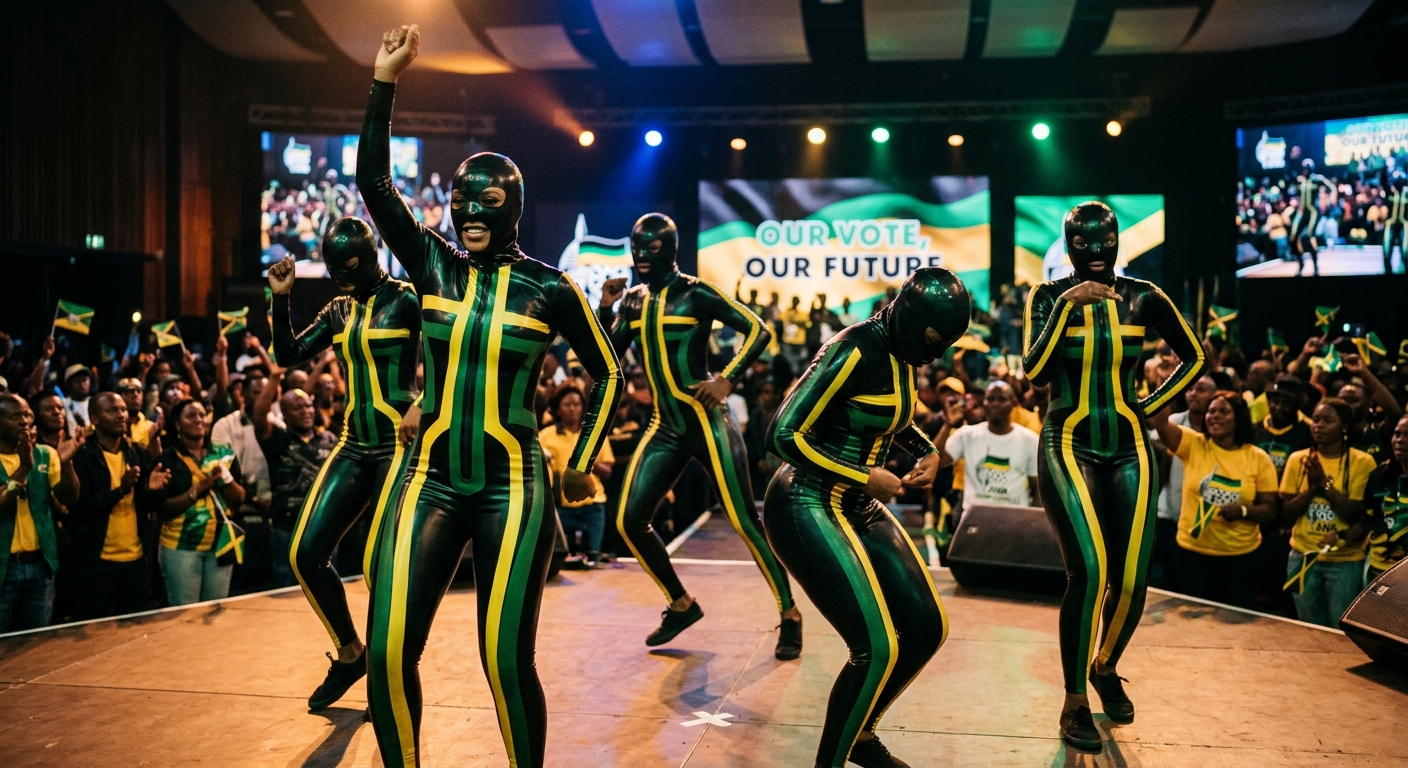 AI-generated image of dancers dressed in latex in ANC colours.
