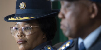 Lieutenant General Puleng Dimpane speaking at a South African Police Service event in Cape Town.