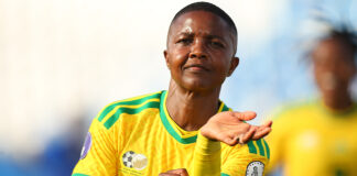 Bambanani Mbane celebrates during South Africa's Wafcon Group B match against Tanzania in Morocco.