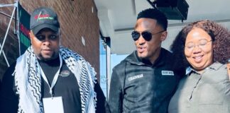 From left, Afrika Mayibuye Movement leader Floyd Shivambu, Ekurhuleni mayoral candidate Themba “Skeem GP” Lukhele-Ndzimande and former first deputy president Nolubabalo Mcinga.