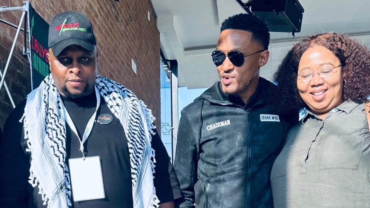 From left, Afrika Mayibuye Movement leader Floyd Shivambu, Ekurhuleni mayoral candidate Themba “Skeem GP” Lukhele-Ndzimande and former first deputy president Nolubabalo Mcinga.