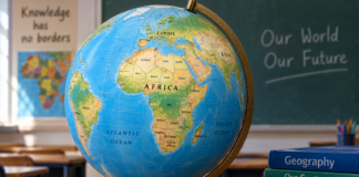 A globe showing Africa at the centre.